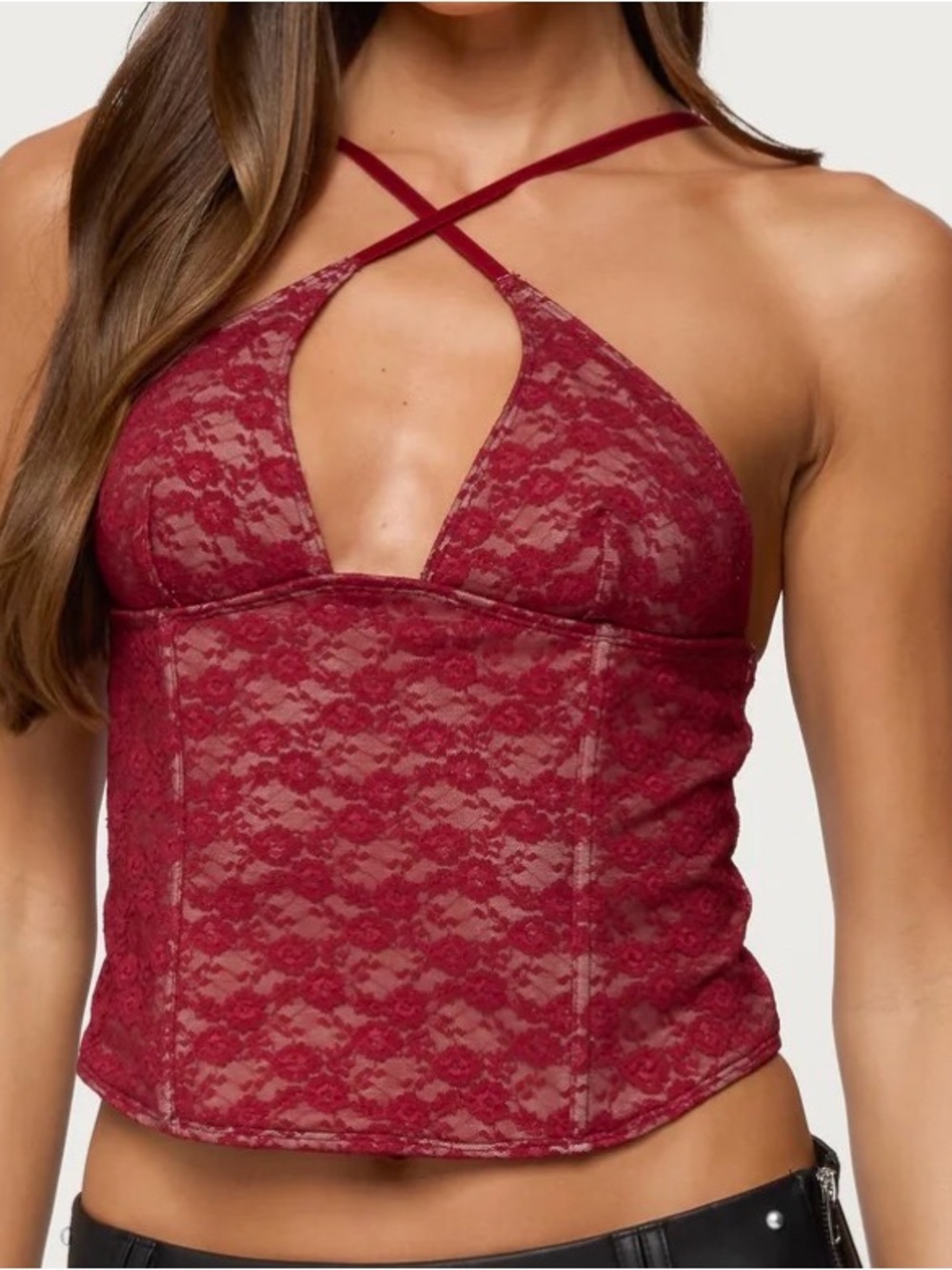 Edikted Burgundy Lace Crossover Top